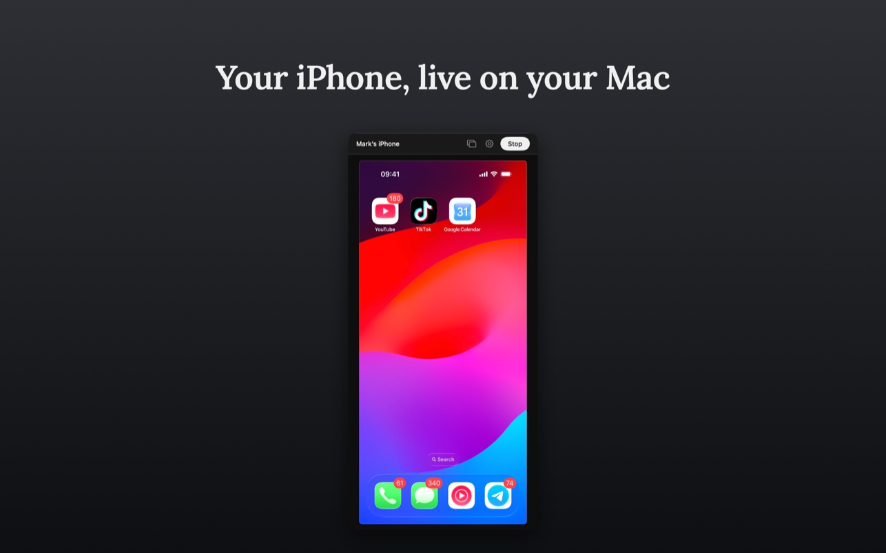 An iPhone home screen mirrored into a DeckMirror window on a Mac