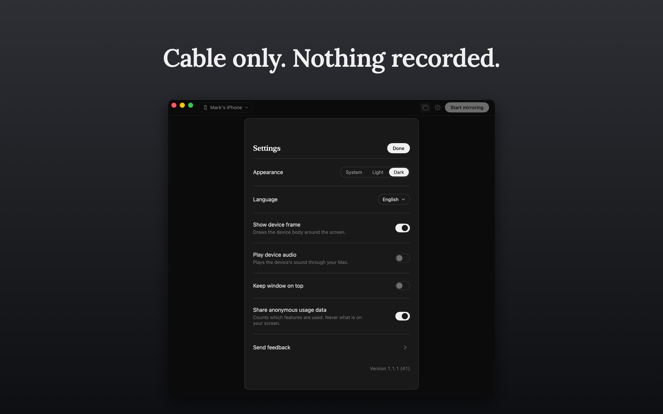 DeckMirror settings: appearance, language, device frame, device audio and keep window on top